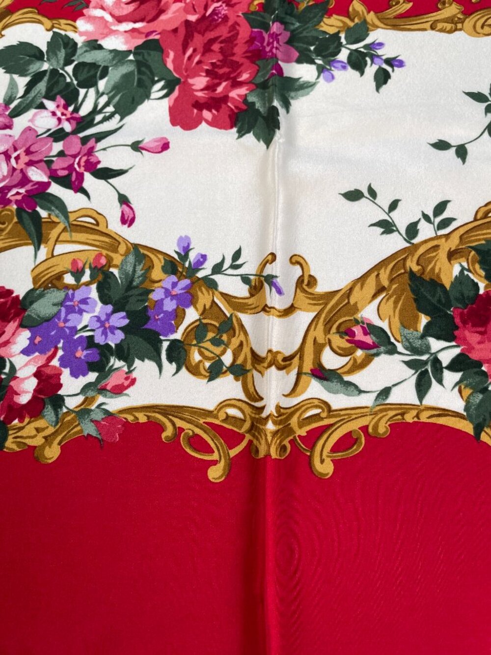 Yves Saint Laurent Silk Scarf Red Floral Baroque Frame Square Vintage YSL - Picture 7 of 15